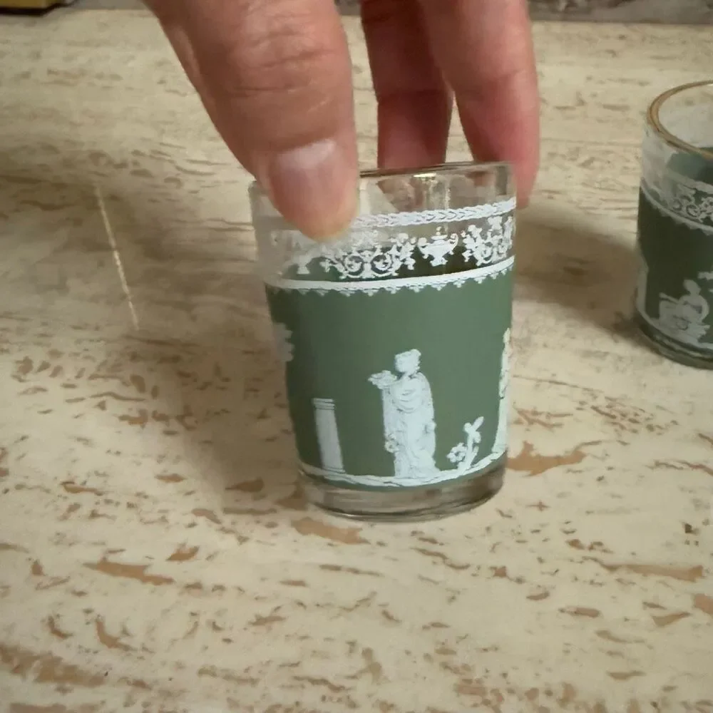 Set of Jeanette glass hellenic Wedgwood shot glasses + sorbet cup green